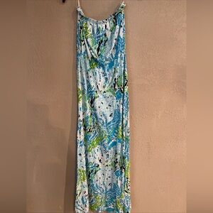 Lilly Pulitzer Blue and Green Patterned Maxi Dress Sz S Strapless Beach Resort